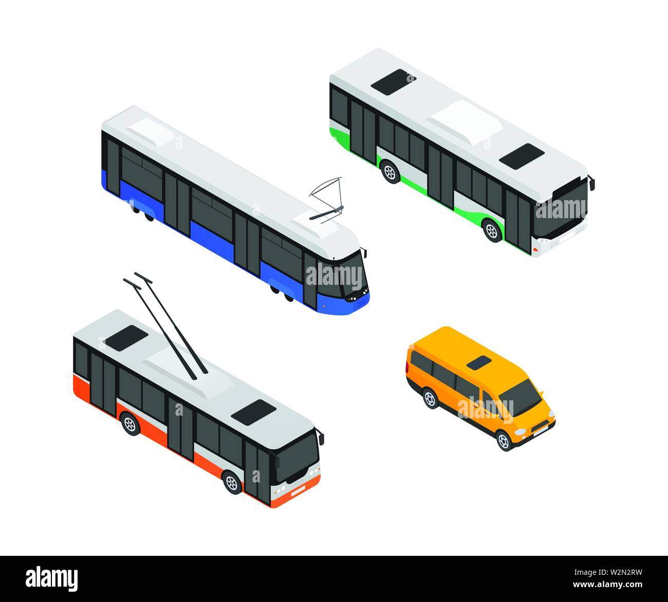 Fahrzeuge des öffentlichen Verkehrs - moderne Vektor isometrische bunte Elemente Stock Vektor