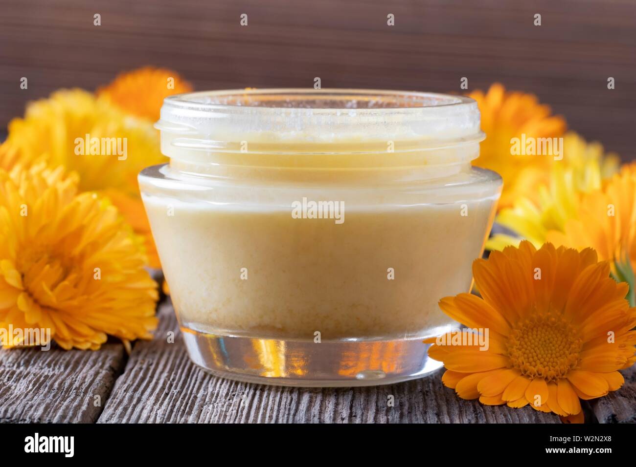 Ein Glas hausgemachte Salbe vom Shea Butter und frischem calendula Blüten erfolgen. Stockfoto