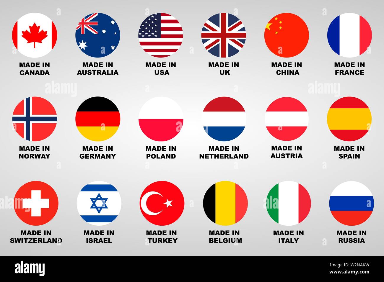 In gemacht. Lable 18 Länder mit Flags gesetzt Stock Vektor
