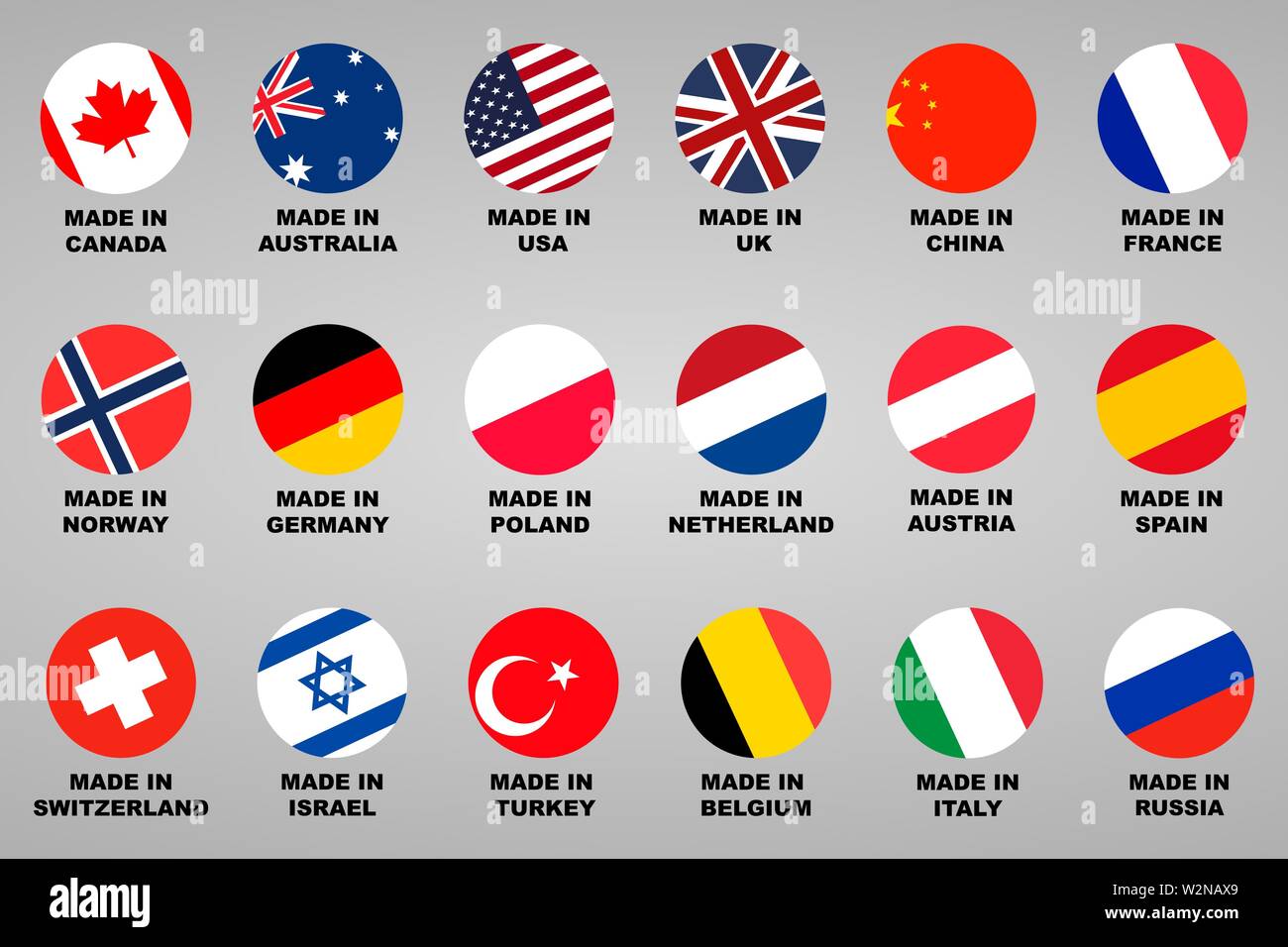 In gemacht. Lable 18 Länder mit Flags gesetzt Stock Vektor