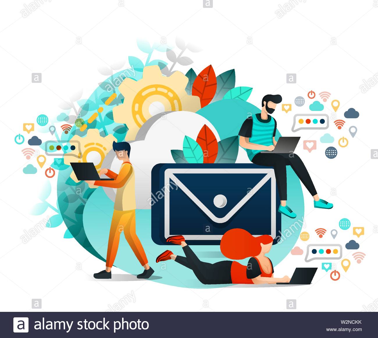 Vector Illustration Von Kommunikation Und Internet Gruppe Von Menschen Die Miteinander Kommunizieren Lernen Und Arbeiten Miteinander Junge Menschen Uber E Mail Stock Vektorgrafik Alamy