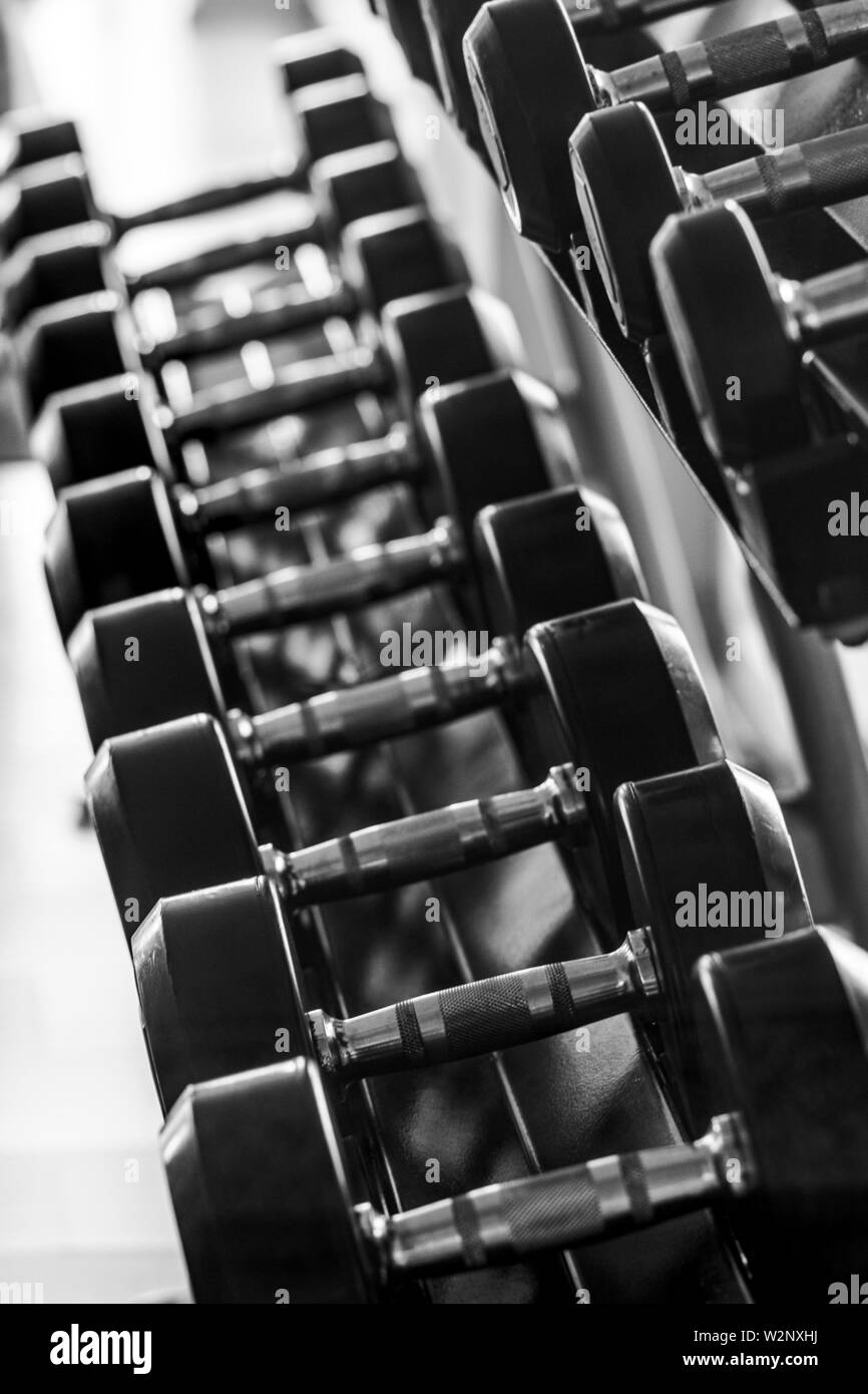 Schwarz Hantelset. Schließen viele Metall Kurzhanteln auf Rack im Sport Fitnesscenter, Weight Training Equipment Konzept. vertikale Layout. Stockfoto