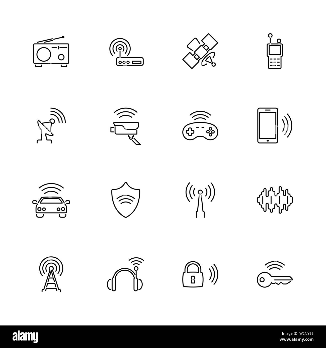 Radio drahtloser Geräte Übersicht Icons Set - schwarzes Symbol auf weißem Hintergrund. Radio Wireless Minianwendungen einfachen Abbildung Symbol gesäumten Einfachheit Zeichen Stock Vektor