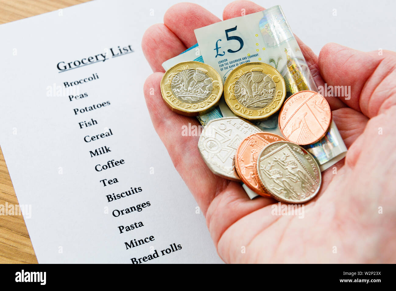 Eines armen älteren Rentner Hand eine kleine Menge neues Geld GBP mit einer Einkaufsliste für Lebensmittel Armut strenge Konzept England Großbritannien Großbritannien Stockfoto
