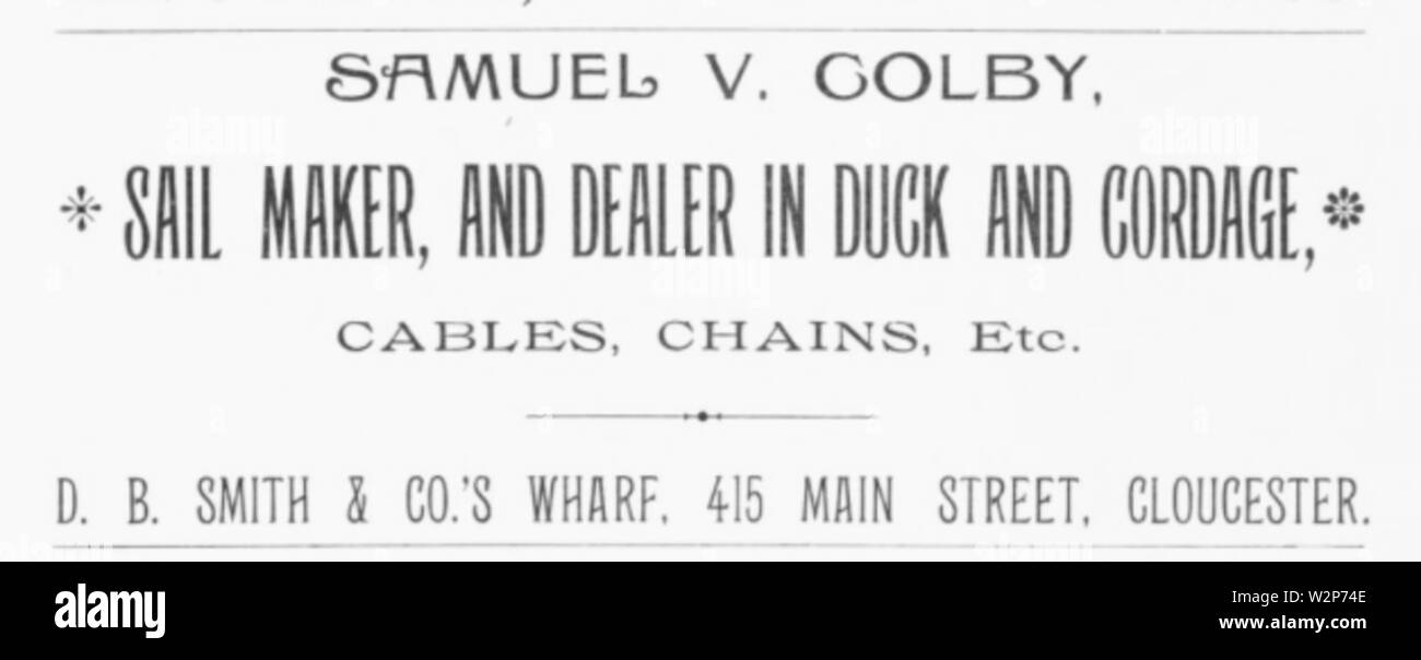 1892 Colby Anzeige Nr. 415 Main Street Gloucester Massachusetts, USA Stockfoto