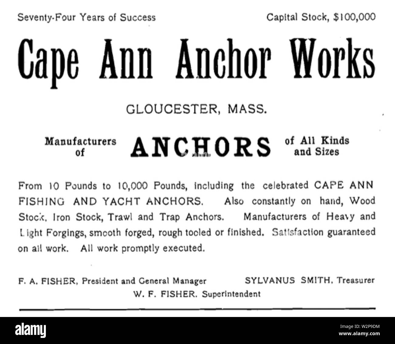 1910 Anzeige Cape Ann Anker Werke Gloucester Massachusetts, USA Stockfoto