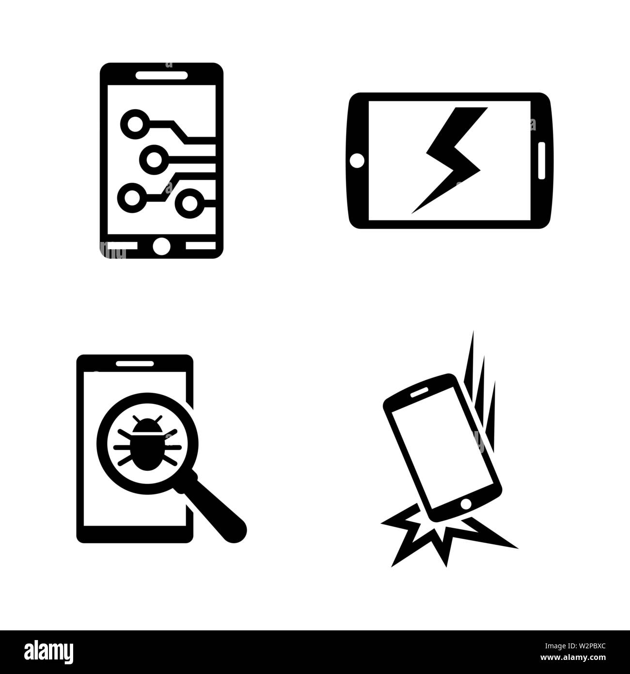 Gebrochen-Smartphone. Einfache ergänzende Vector Icons Set für Video, Mobile Anwendungen, Websites, Print Projekte und ihre Gestaltung. Schwarz auf Weiß Stock Vektor