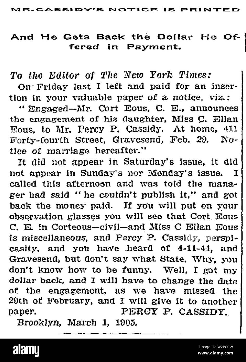 4-11-44 NY Times schreiben 3. März 1905 Stockfoto