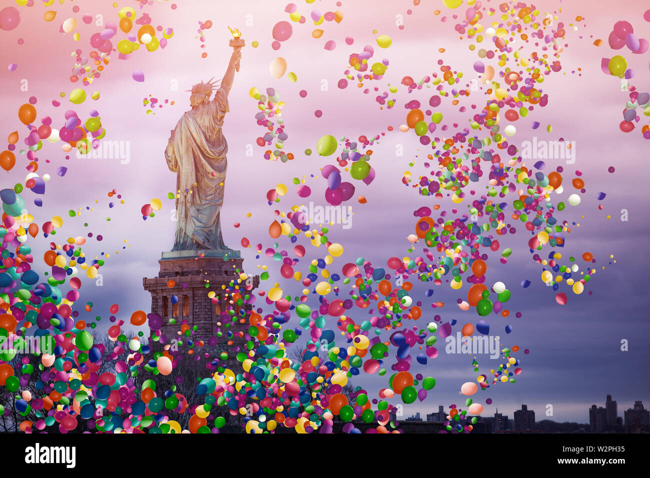 Freiheitsstatue in New York USA mit Luftballons Stockfotografie - Alamy