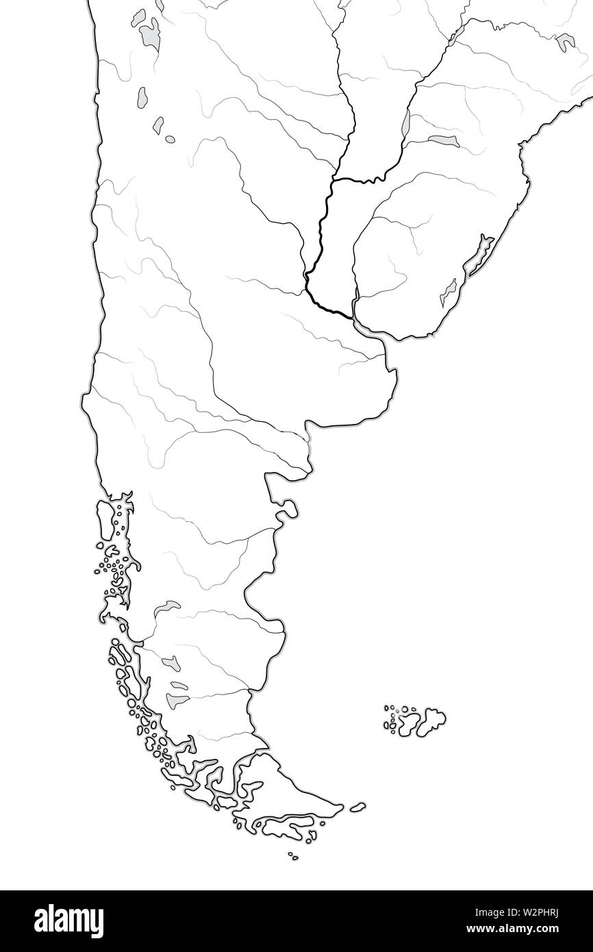 Welt Karte von Patagonien in Südamerika: Argentinien, Chile, Paraguay, Uruguay, Patagonien, Pampa, Anden, Kordilleren, Fluss Paraná. Geographische karte. Stockfoto