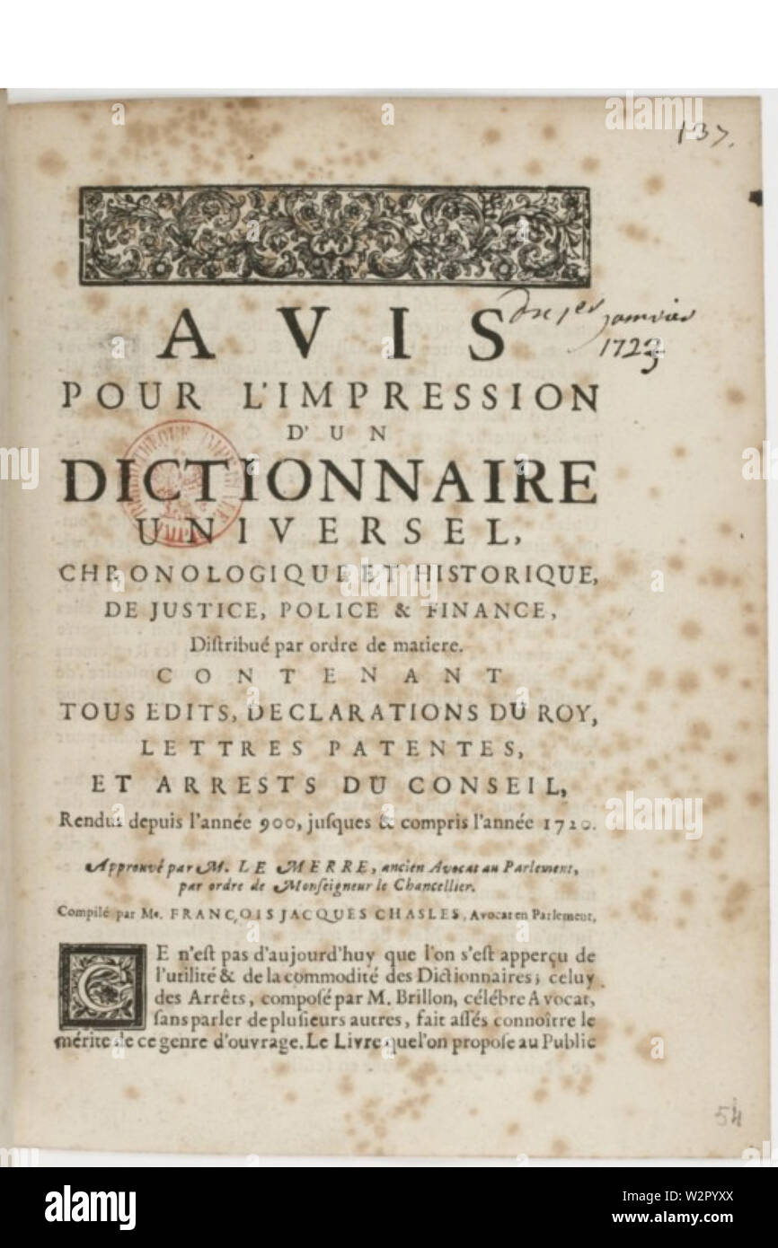 Avis pour l'Impression d'un Wörterbuch universel F-J Chasles Stockfoto