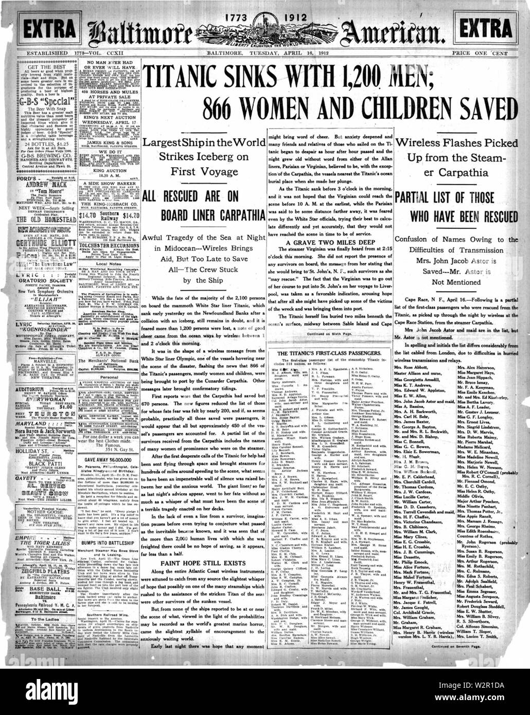 Baltimore American, April 16, 1912, Vorderseite Stockfoto