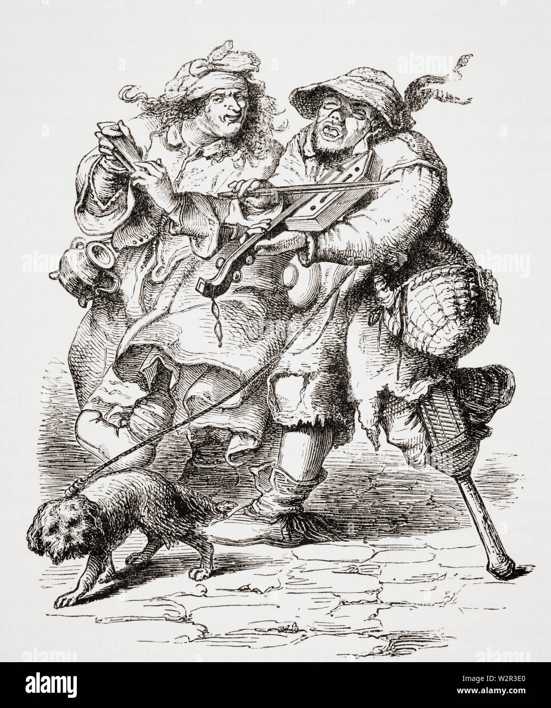 Bettler spielen Geige und seine Frau begleitet ihn mit Knochen. Kopie eines alten Gravur des siebzehnten Jahrhunderts. Stockfoto
