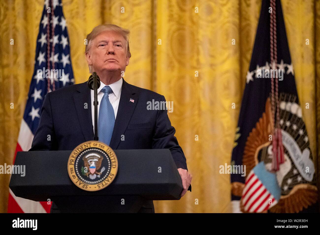 Us-Präsident Donald Trump liefert Erläuterungen über die Führung im East Room des Weißen Hauses Juli 8, 2019 in Washington, DC. Stockfoto