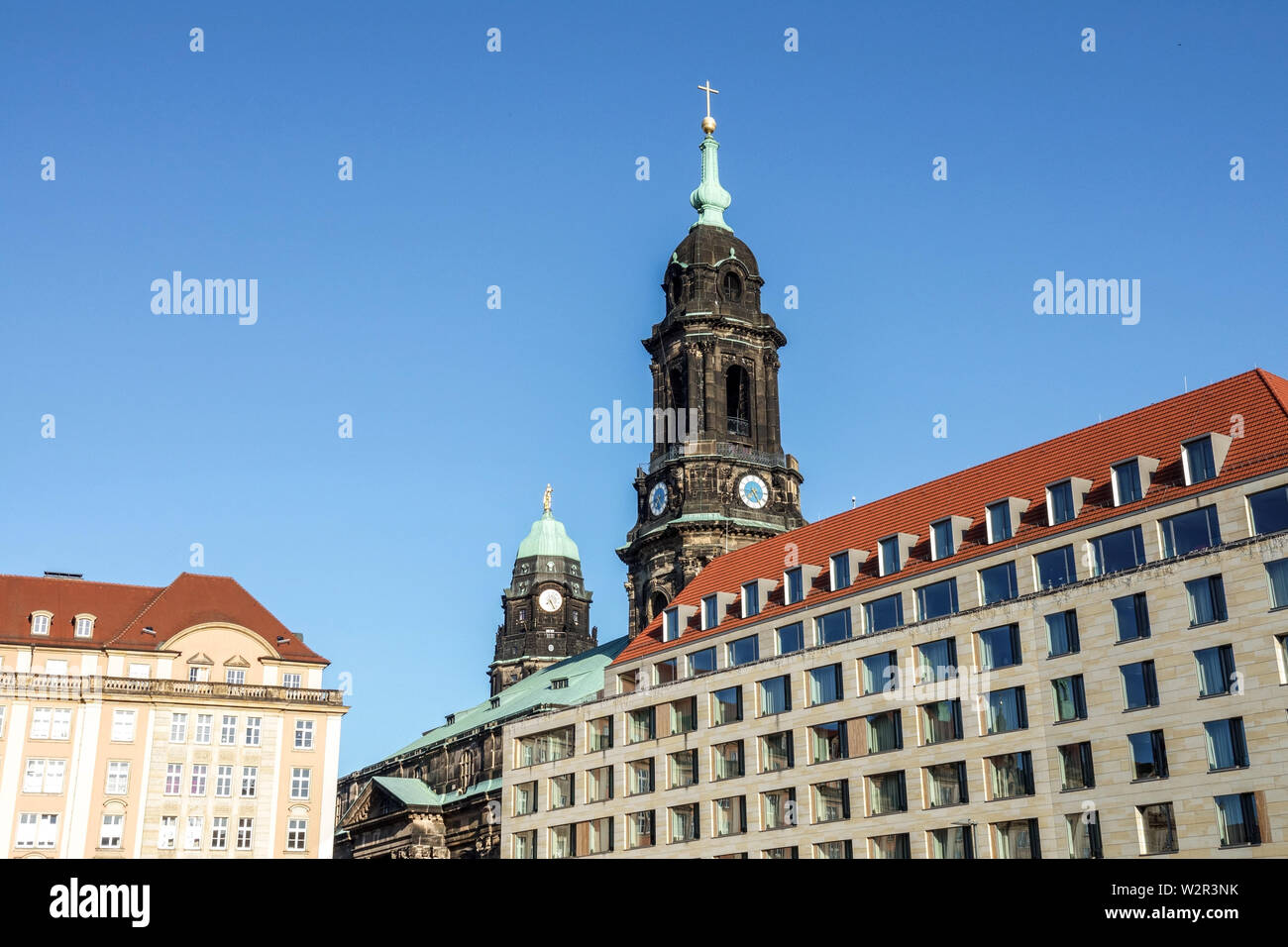 Türme Kreuzkirche und Dresdner Rathaus Dresden Altmarkt Gebäude, Deutschland Europa Stockfoto