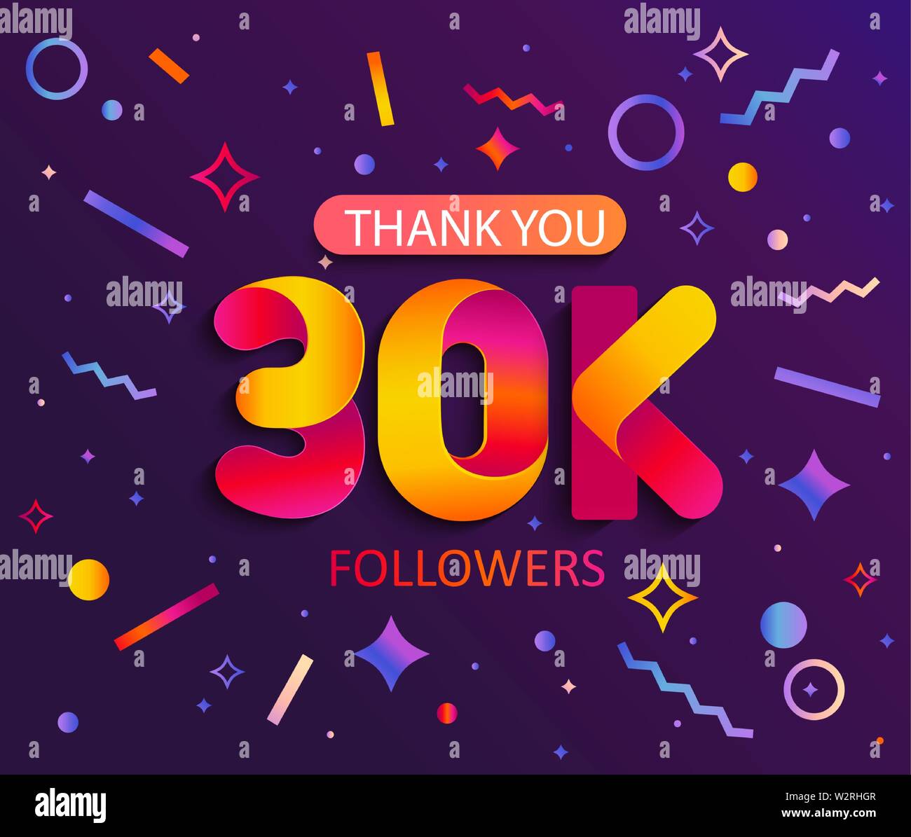 Vielen Dank 30000 Anhänger, dank Banner. 30K Anhänger glückwunsch Karte mit geometrischen Figuren, Linien, Rechtecke, Kreise, die soziale Netzwerke. Web Blogger, Stock Vektor