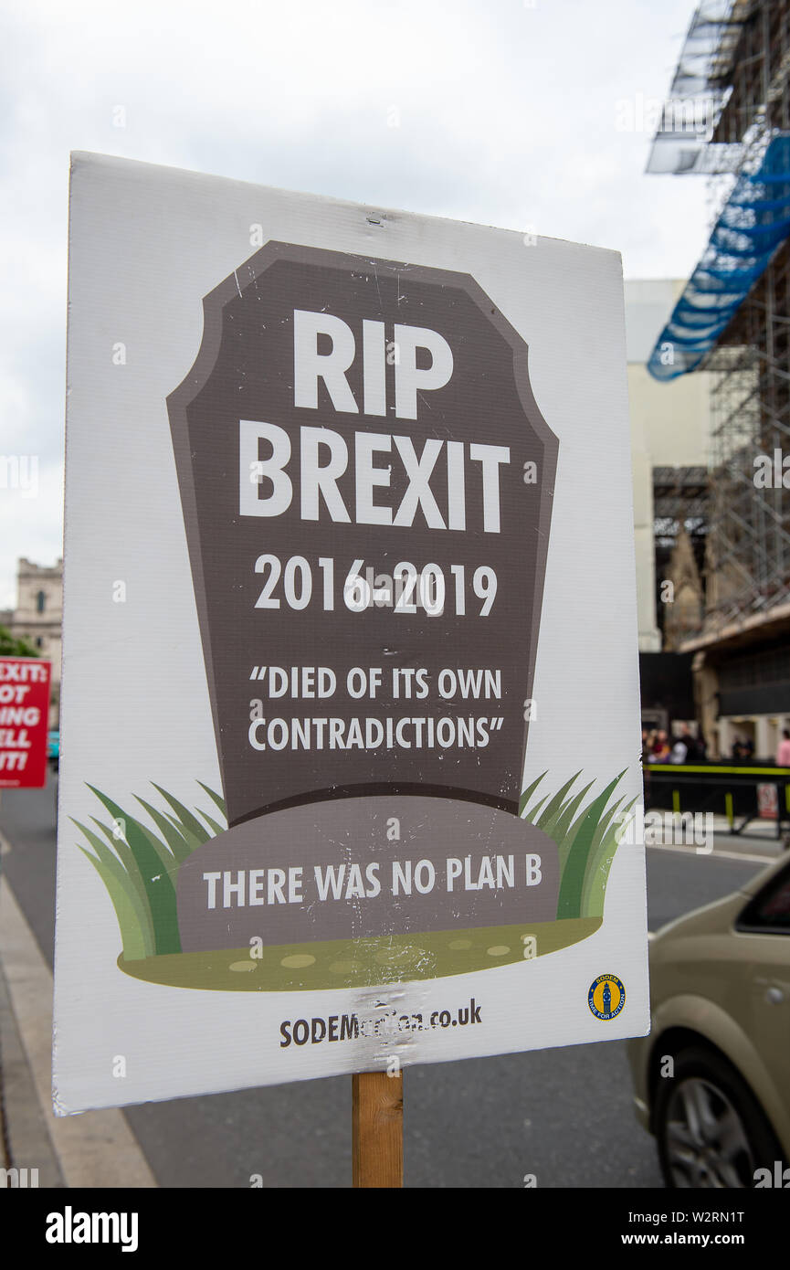 Westminster, London. 9. Juli 2019. Eine RIP-Brexit Zeichen gegenüber dem Unterhaus. Credit: Maureen McLean/Alamy Stockfoto