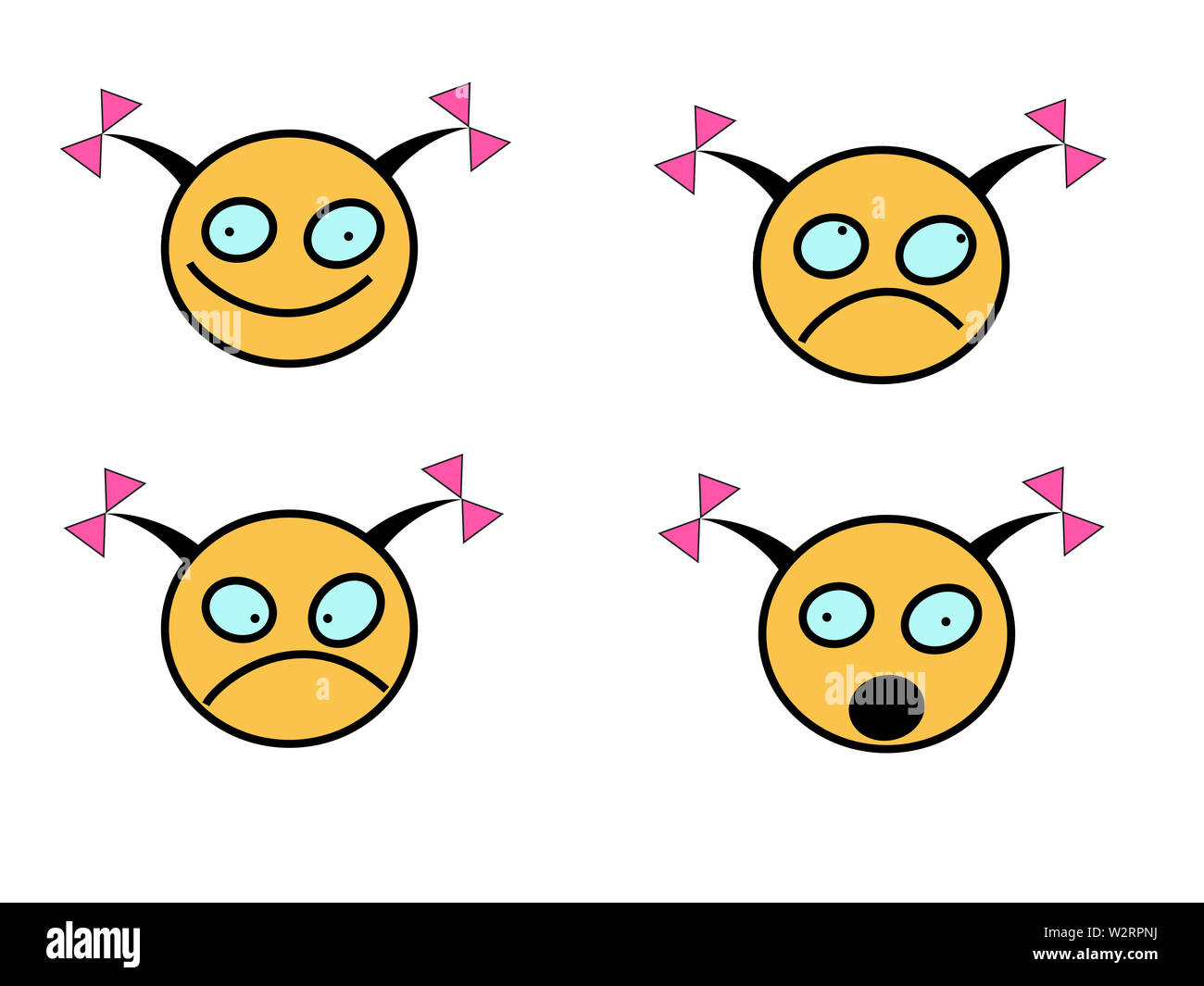 Satz von Lächeln Emoticons von dummes Mädchen Gesicht, Flachbild disighn. Glücklich, unglücklich, überrascht und verärgert Smileys. Emoji eingestellt. Stockfoto