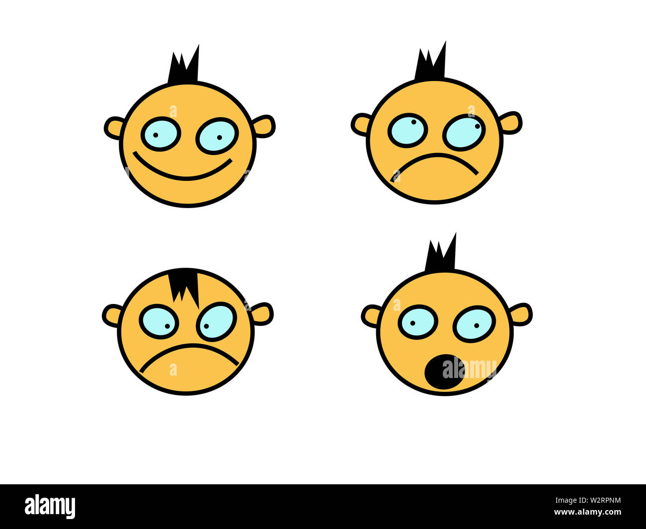 Satz von Lächeln Emoticons der dumme Junge Gesicht, Flachbild disighn. Glücklich, unglücklich, überrascht und verärgert Smileys. Emoji eingestellt. Stockfoto