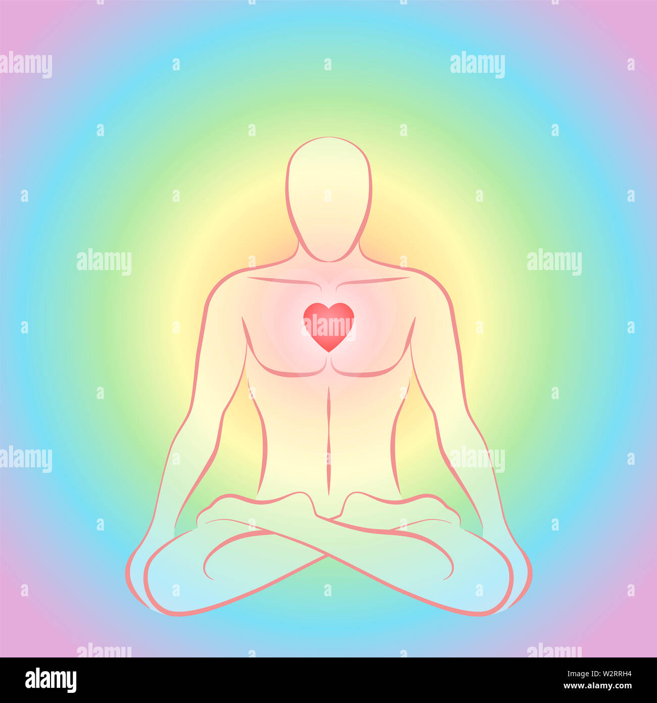 Meditation zen Mann in Lotus Position mit Rot leuchtenden Herz chakra auf Regenbogenfarbige kreisförmigen Hintergrund. Stockfoto