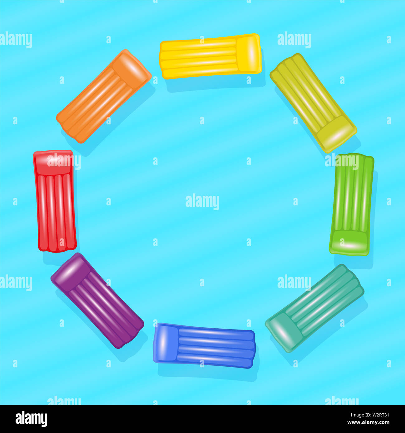 Luftmatratzen im Pool. Das farbenfrohe, Matten bilden einen regenbogenfarbenen Kreis - Abbildung auf blauen Pool Wasser Hintergrund. Stockfoto