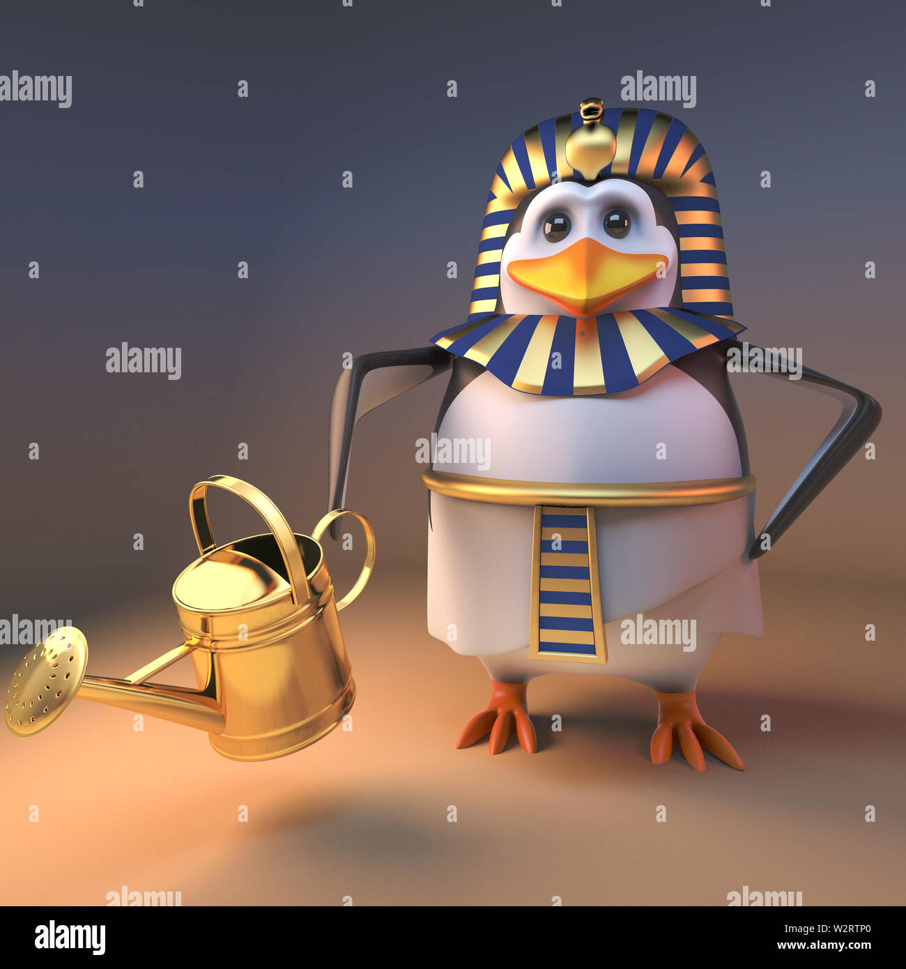 Scharfer Gärtner pinguin Pharaos Tutanchamun die Bewässerung der Wüste, 3d-Grafik rendern Stockfoto