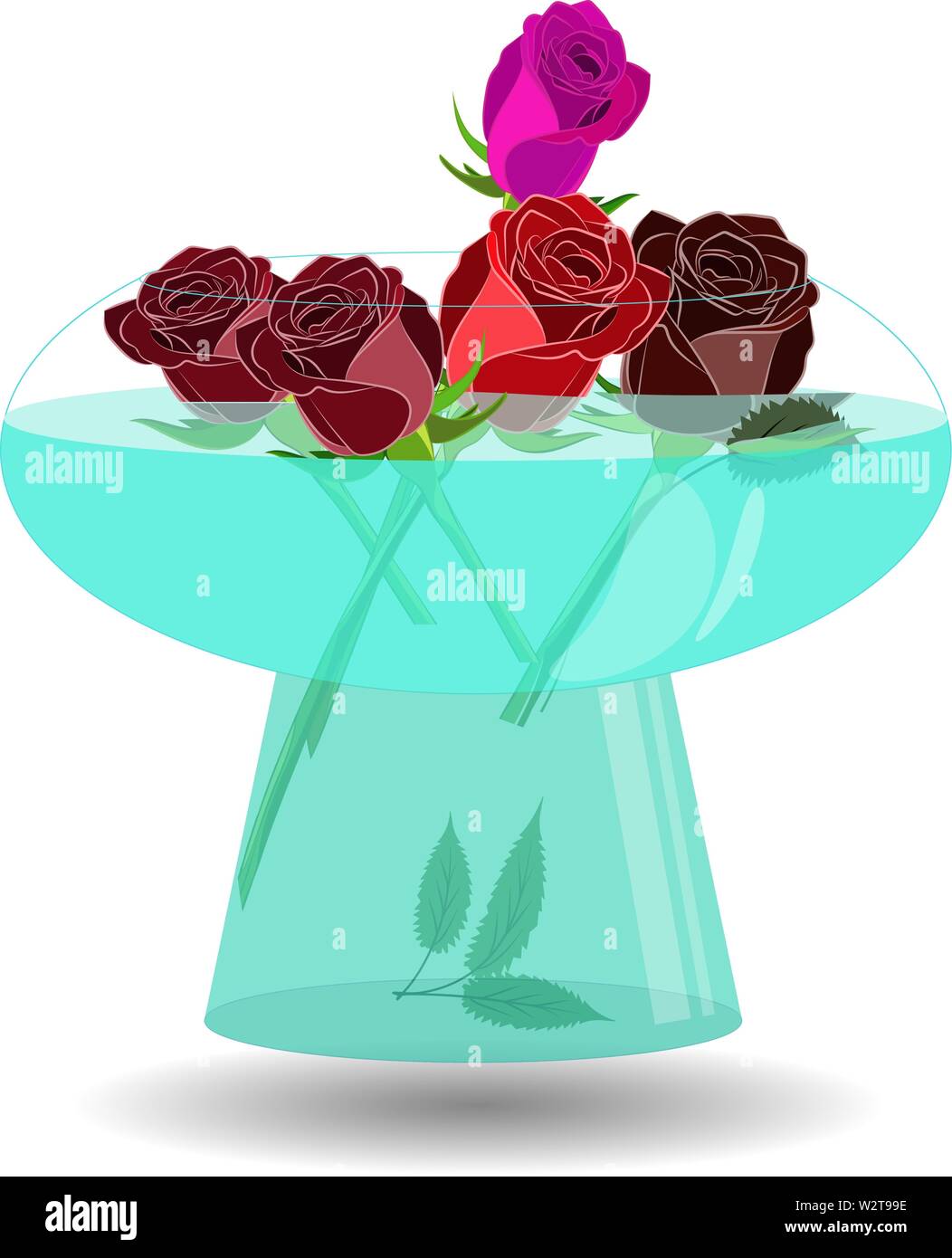 Blumenstrauß aus 5 Rosen in einer Vase mit Wasser. Vector Illustration schöne rote, violette und rote Rosen in Nizza transparente Schüssel mit Wasser Stock Vektor