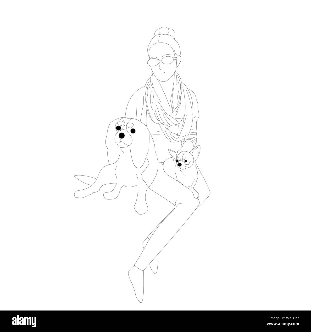 Wunderschöne handgezeichnete Flat Style Mädchen mit Sonnenbrille ist Petting zwei kleine Hunde. Auf weissem Hintergrund. Vektor Illustration.. Stock Vektor