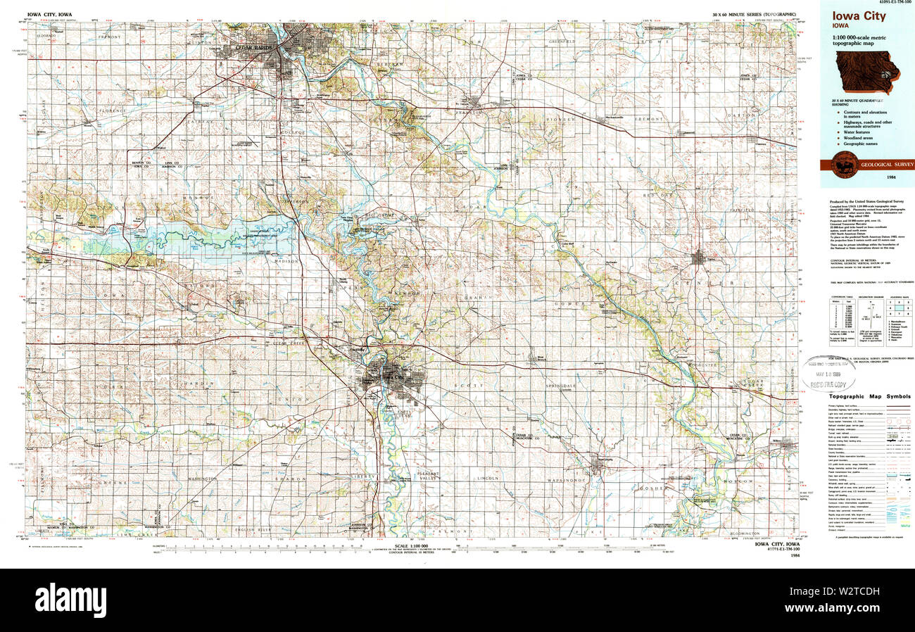 USGS TOPO-Karten Iowa IA Iowa City 174885 1984 100000 Restaurierung Stockfoto