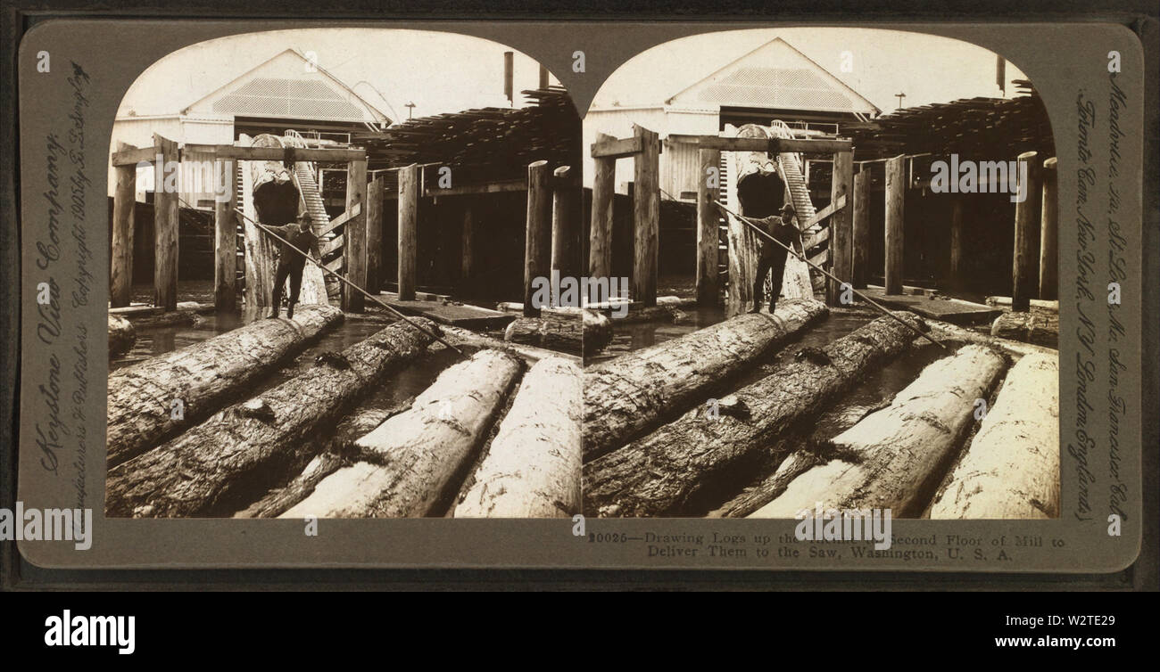 Zeichnung Protokolle, um die Steigung zu zweiten Stockwerk der Mühle an der Säge, Washington, USA, von Robert N Dennis Sammlung von stereoskopische Ansichten zu liefern Stockfoto