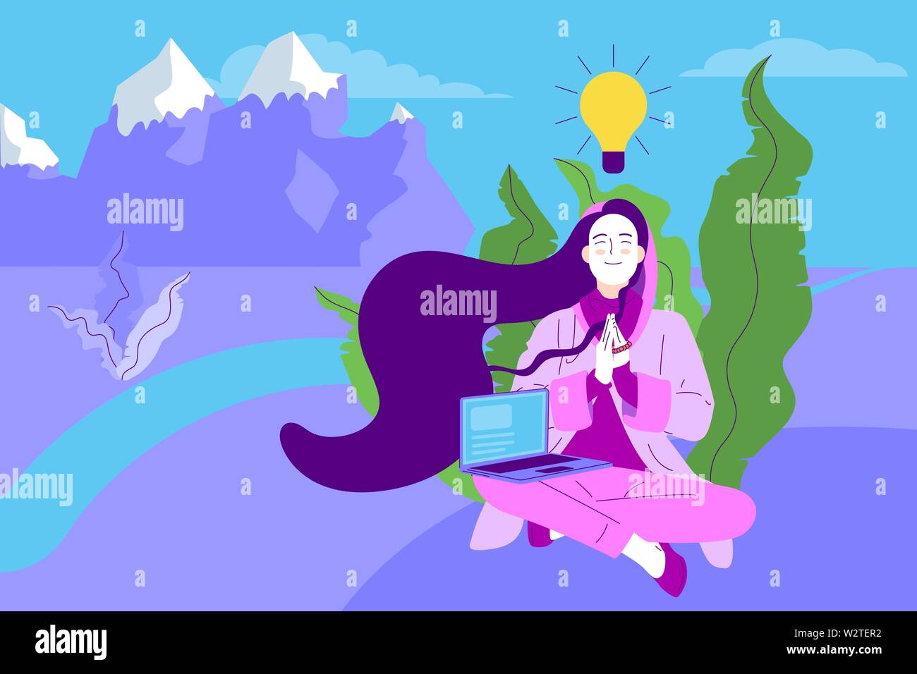 Flat Style Mädchen mit langen Haaren Sitzen mit gekreuzten Beinen Gebet Geste, der Generierung von Ideen für Business, Glühbirne über dem Kopf, Laptop auf dem Schoß, Stock Vektor