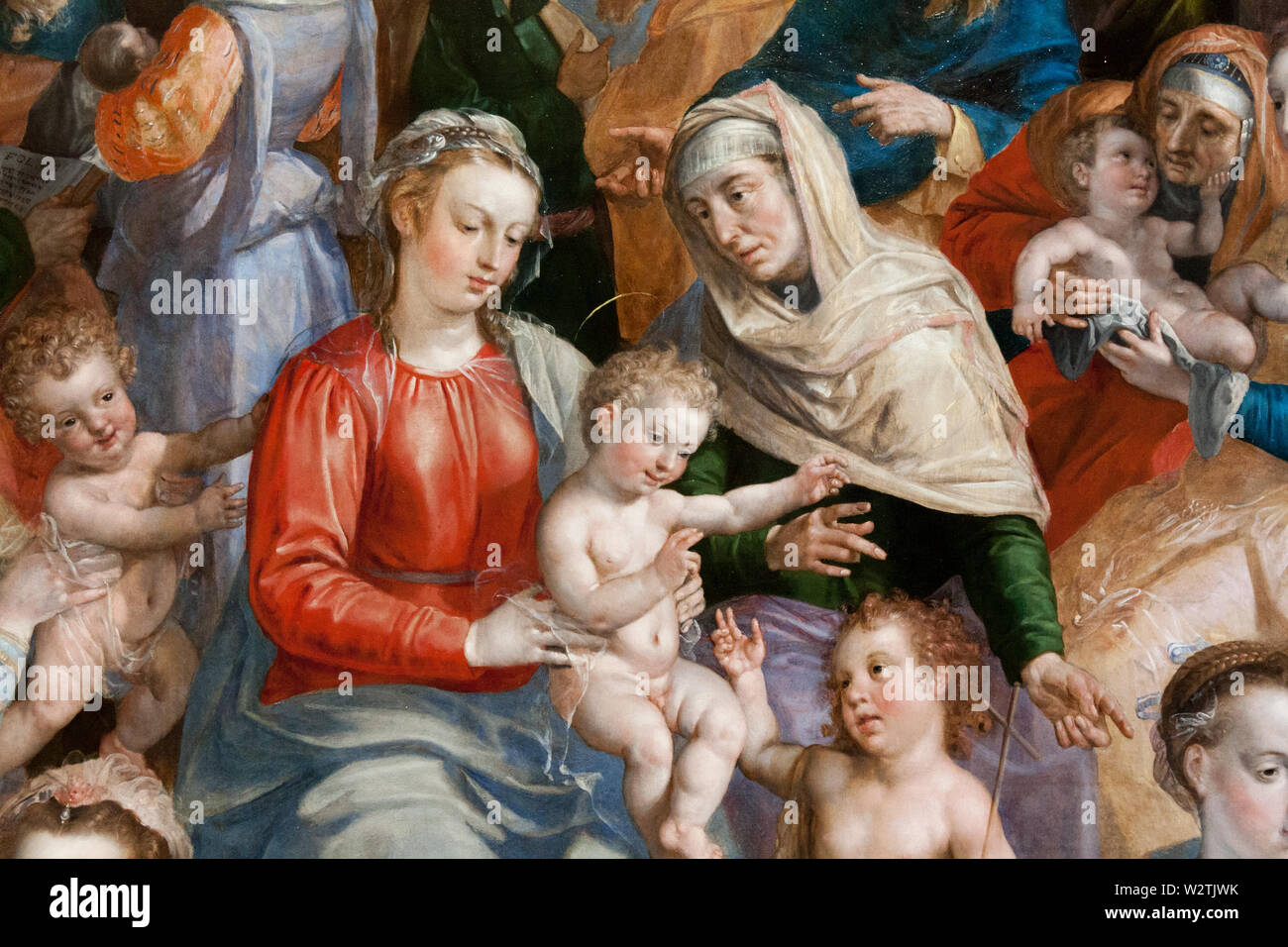 Das Gemälde der Heiligen Sippe. Heilige Jungfrau Maria mit dem Jesuskind mit der Heiligen Elisabeth und ihr Sohn Johannes der Täufer. Stockfoto