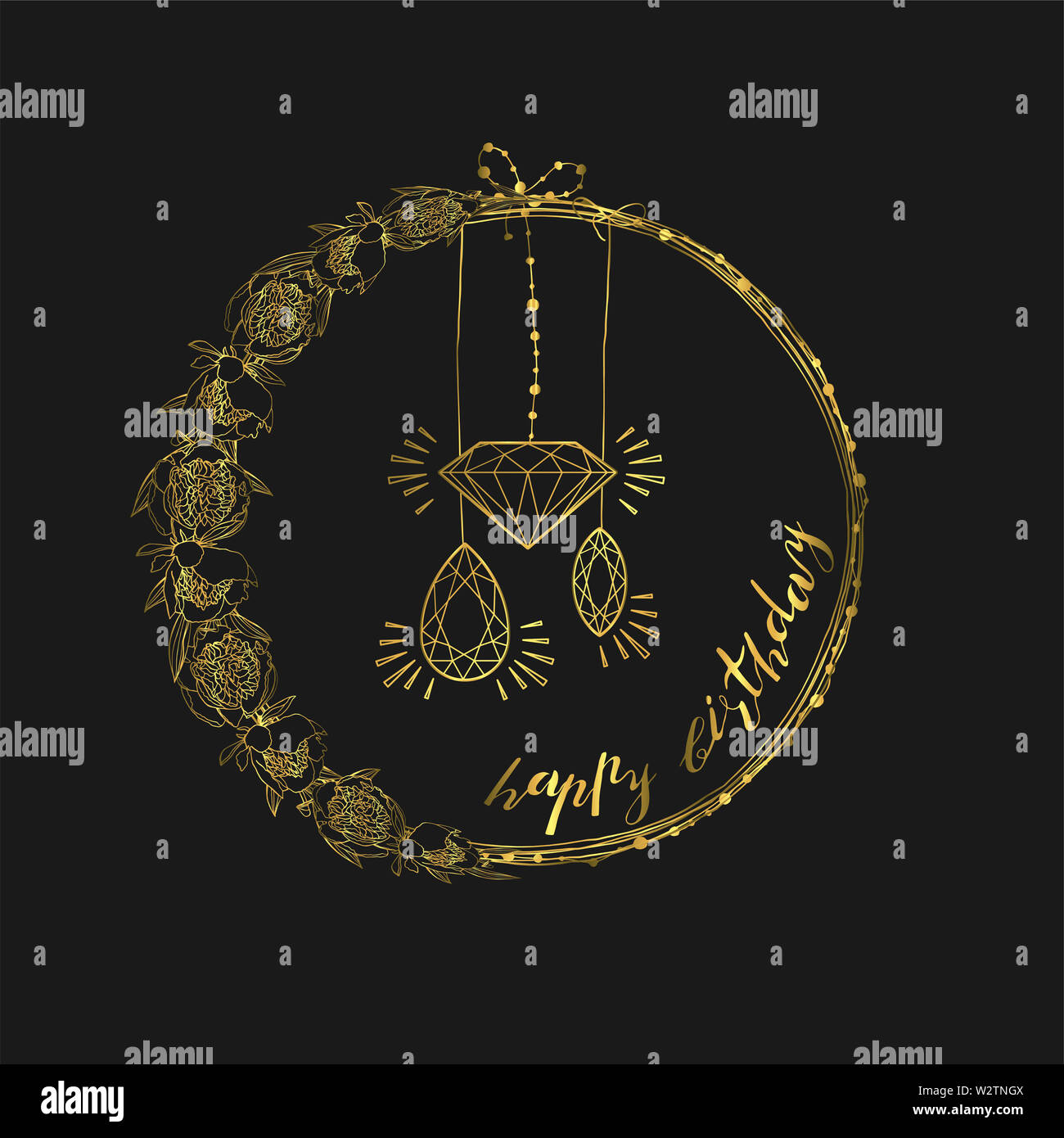 Hand doodle Style goldene Päonie Blumenkranz gezeichnet. Floral Design Element. Auf schwarzem Hintergrund isoliert. lieferbar Abbildung: Stockfoto