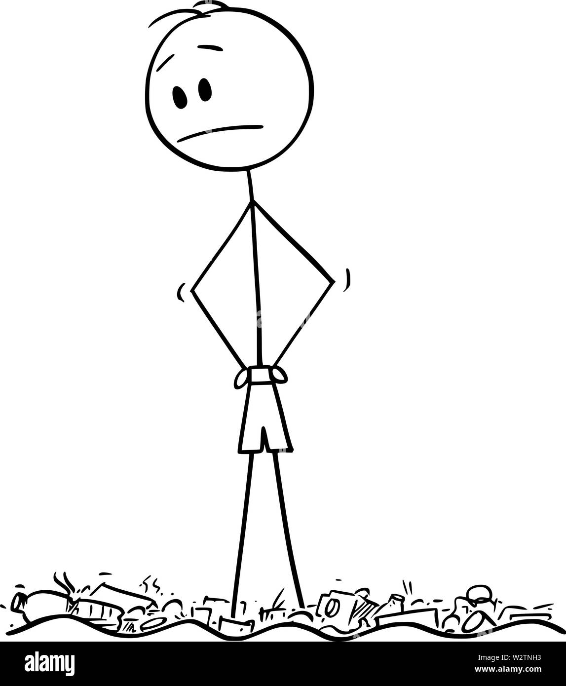 Vektor cartoon Strichmännchen Zeichnen konzeptionelle Darstellung der Mann oder touristische Ständigen id verschmutzter verschmutzte Wasser voller plastik Müll. Stock Vektor