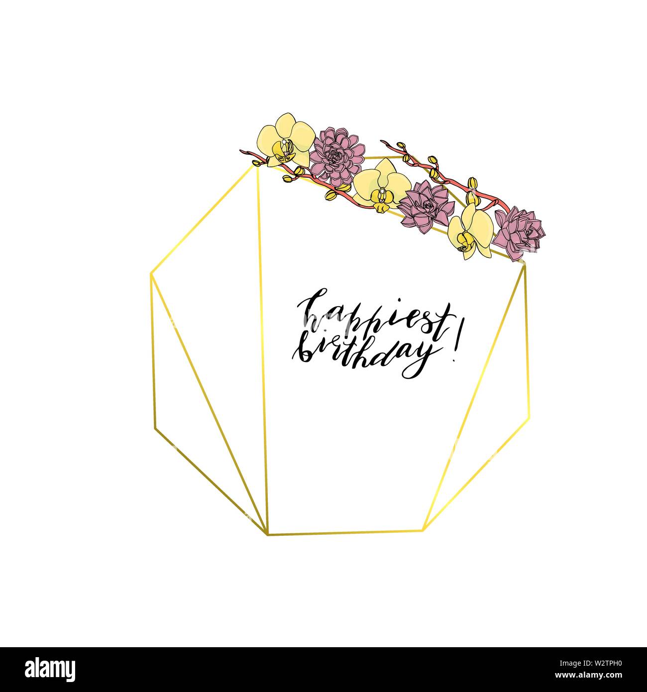 Hand gezeichnet Doodle style saftig und Orchideenblüten mit polygonalen Girlande Kranz, Vintage geometrischen Rahmen, florales Design Element. Mit benutzerdefinierten Hand l Stock Vektor