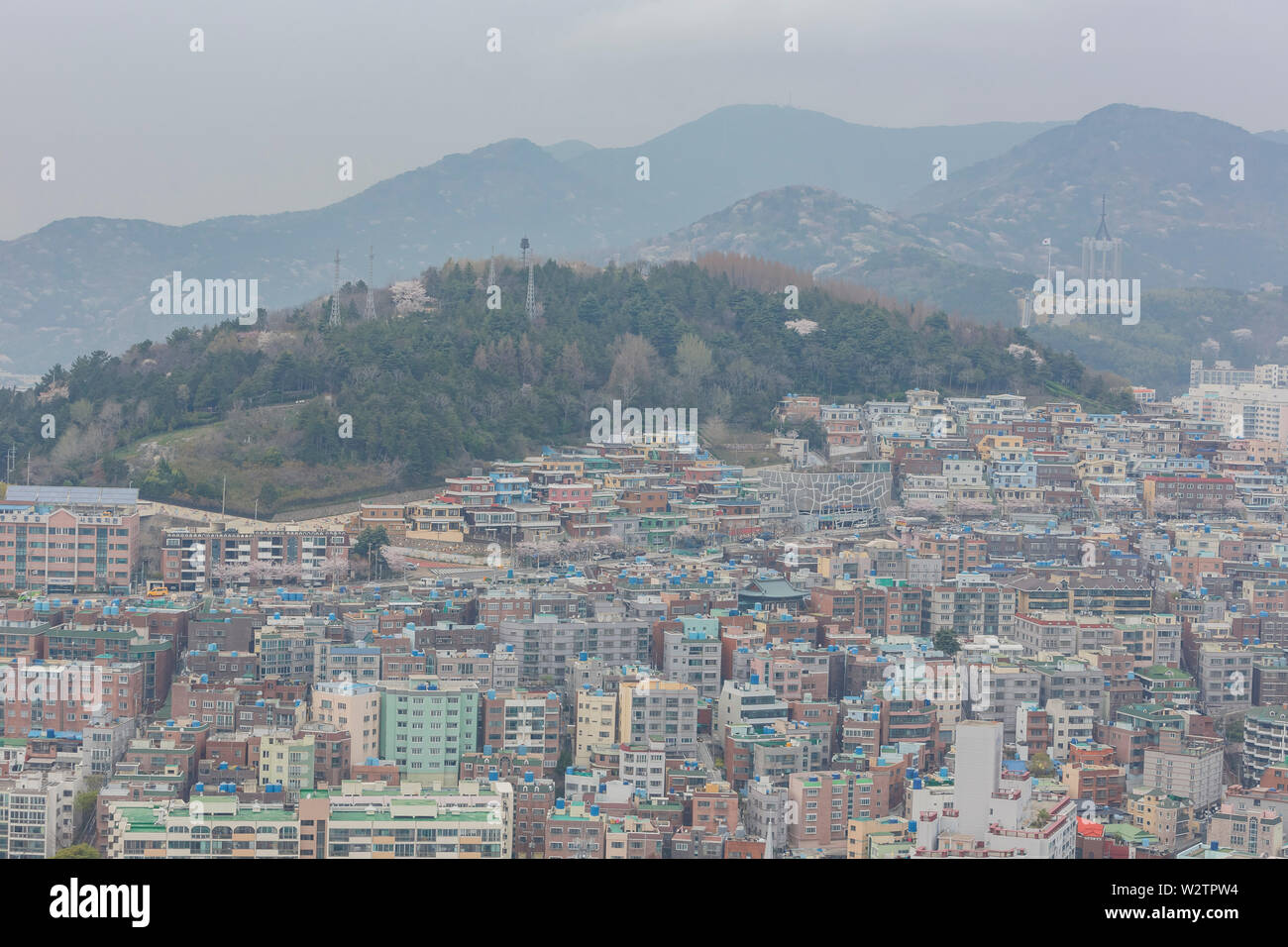 Luftaufnahme der Busan Stadtbild von Busan Turm in Busan, Südkorea Stockfoto