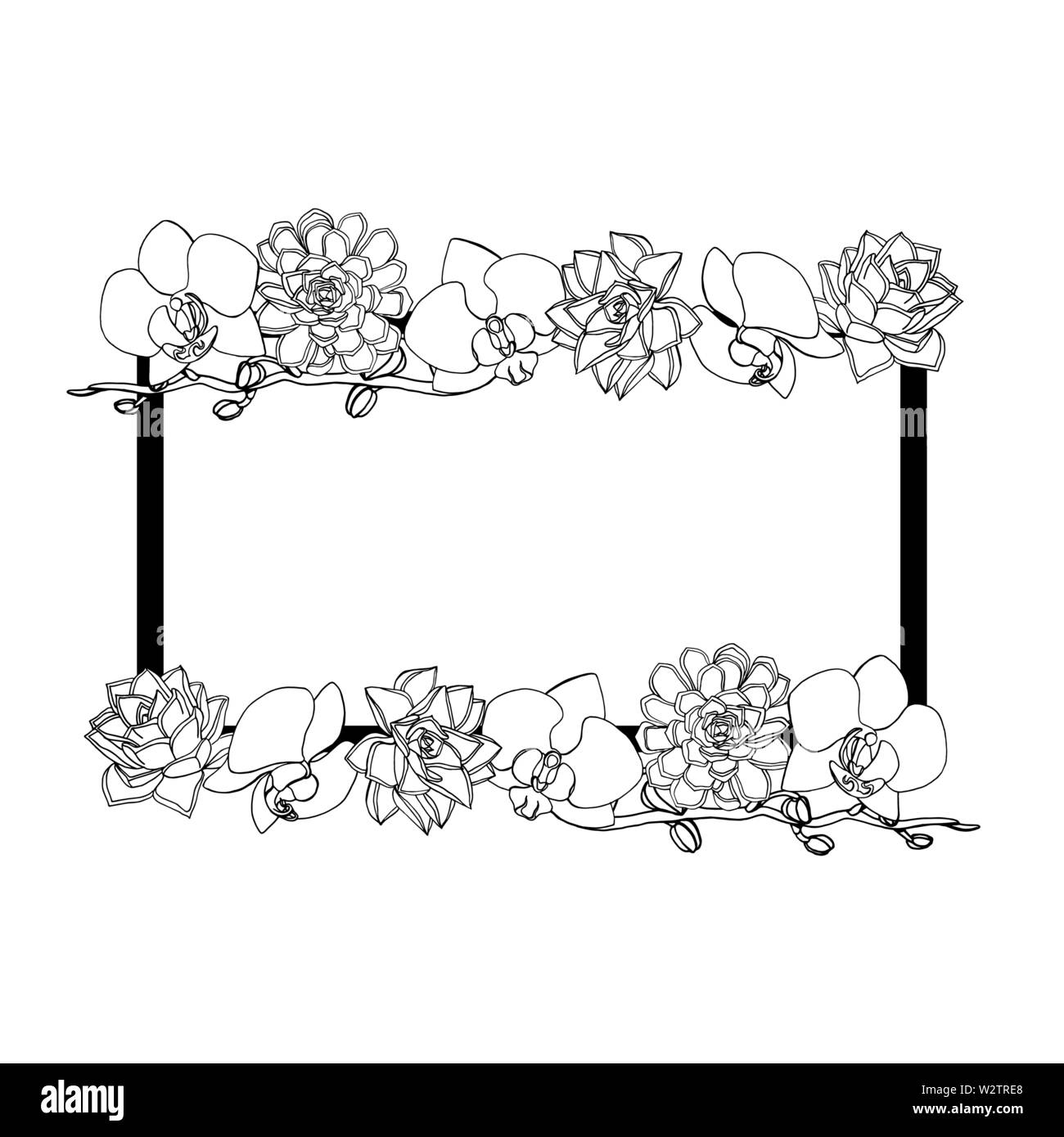 Hand gezeichnet Doodle style saftig und Orchideenblüten Rechteck,. Kranz. Floral Design Element. auf weißem Hintergrund. Vektor illustration Stock Vektor