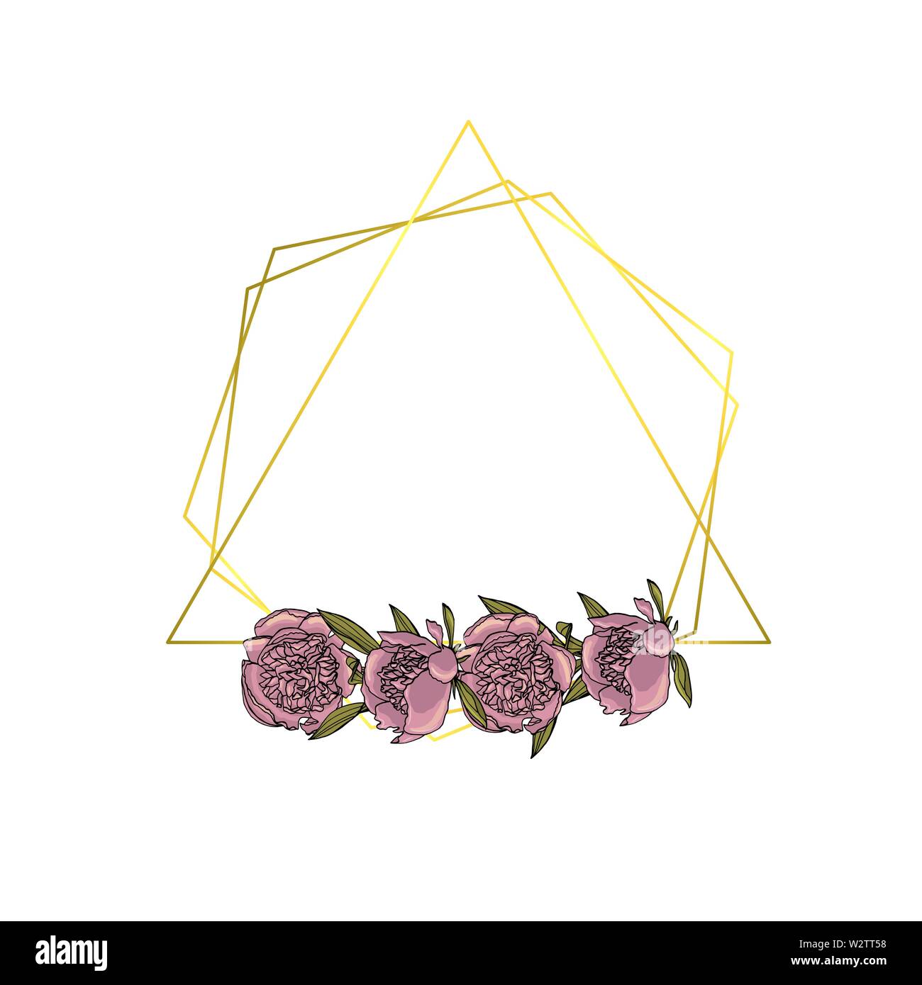 Hand doodle Style violett Pfingstrose Kranz mit polygonalen Girlande gezeichnet, Vintage geometrischen Rahmen, florales Design Element. isoliert auf weißem backgroun Stock Vektor