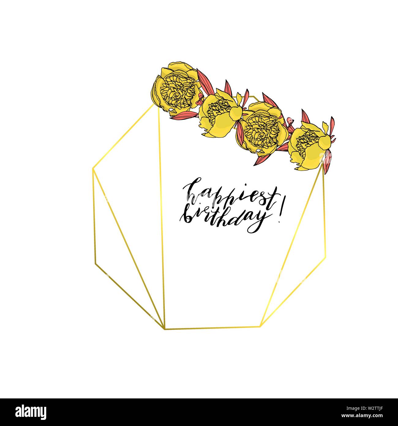 Hand doodle style Kranz mit gelbe Pfingstrose polygonalen Girlande gezeichnet, Vintage geometrischen Rahmen, florales Design Element. Mit benutzerdefinierten hand Schrift Stock Vektor