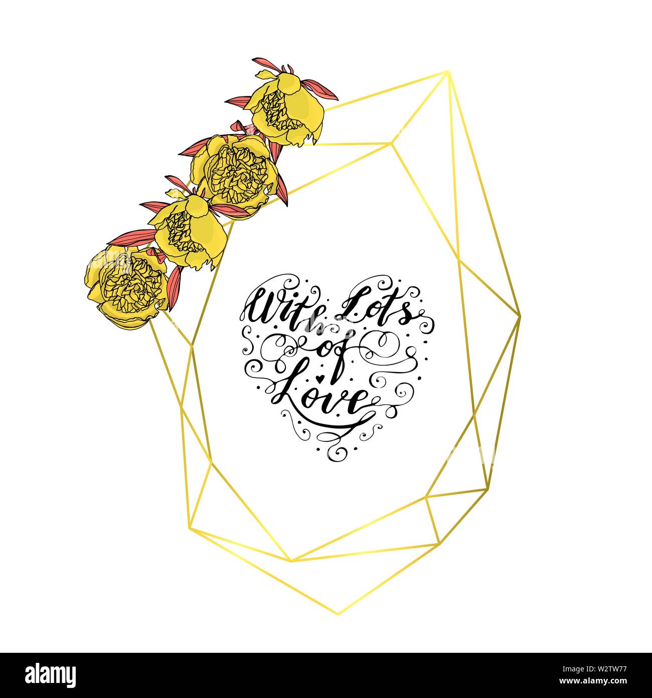 Hand doodle style Kranz mit gelbe Pfingstrose polygonalen Girlande gezeichnet, Vintage geometrischen Rahmen, florales Design Element. Mit benutzerdefinierten hand Schrift Stock Vektor