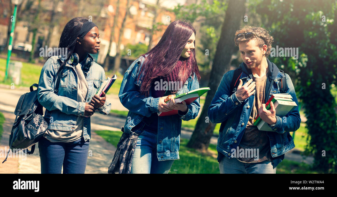 Drei junge Studenten im Park. Multiethnische Gruppe Konzept. Stockfoto