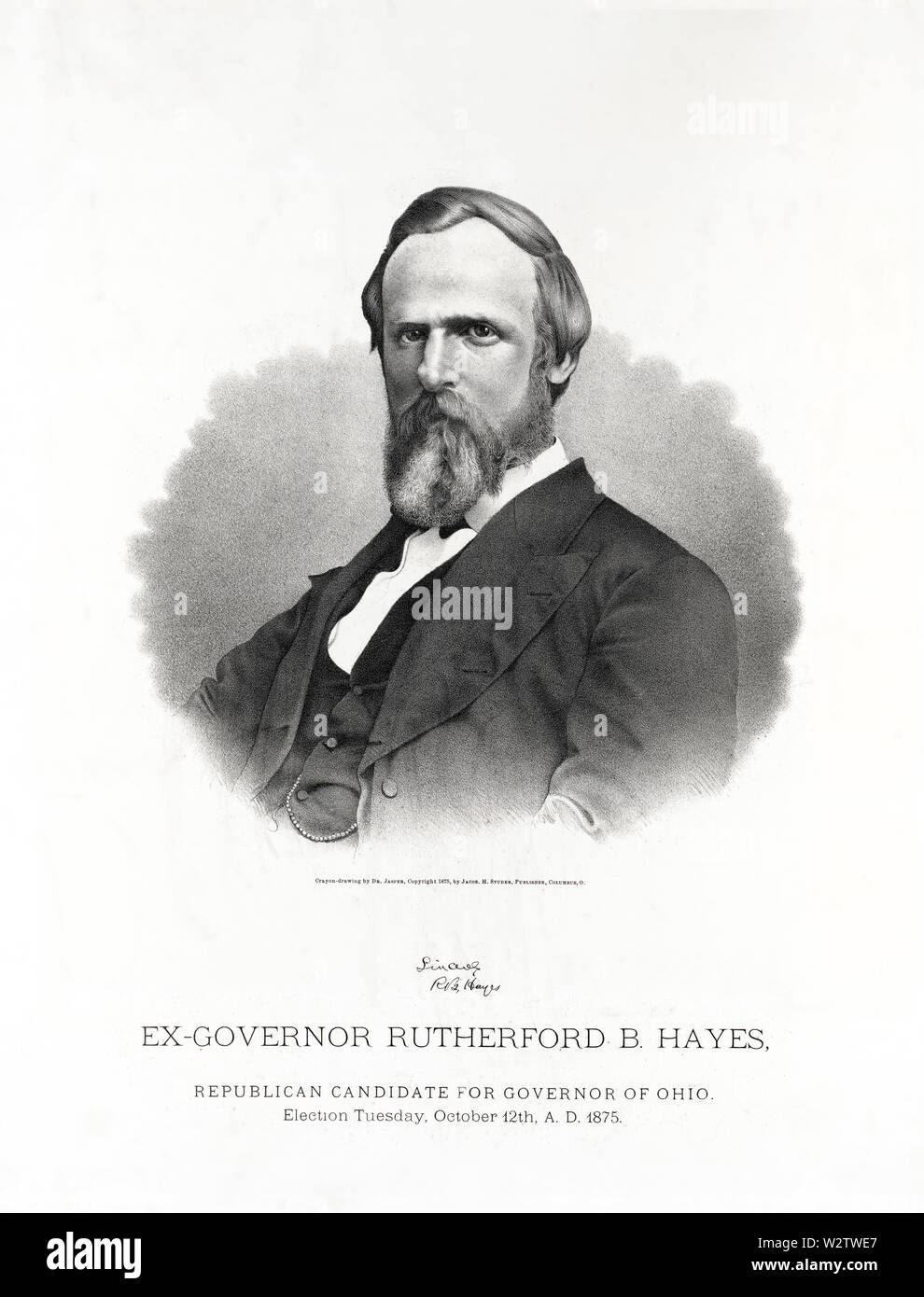 Ex-Governor Rutherford B. Hayes, der republikanische Kandidat für den Gouverneur von Ohio, Wahl Dienstag, Oktober 12th, 1875 A.D., Buntstift - Zeichnung von Dr. Jasper, von Jacob H. Studer, Columbus, OH, 1875 veröffentlicht. Stockfoto