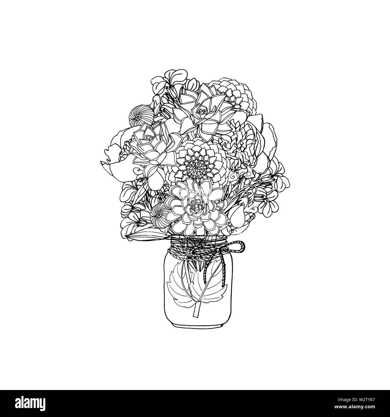 Hand gezeichnet Doodle style Bouquets verschiedener Blumen: saftige, Pfingstrose, Dahlie, Lager Blume, Sweet pea. auf weißem Hintergrund. Vektor illus Stock Vektor