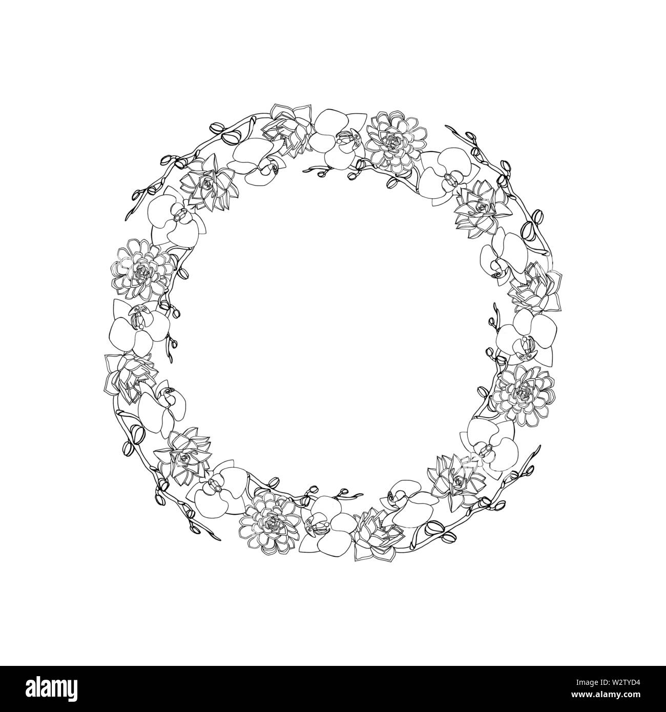 Hand gezeichnet Doodle style saftig und Orchideenblüten. Kranz. Floral Design Element. auf weißem Hintergrund. Vektor illustration Stock Vektor