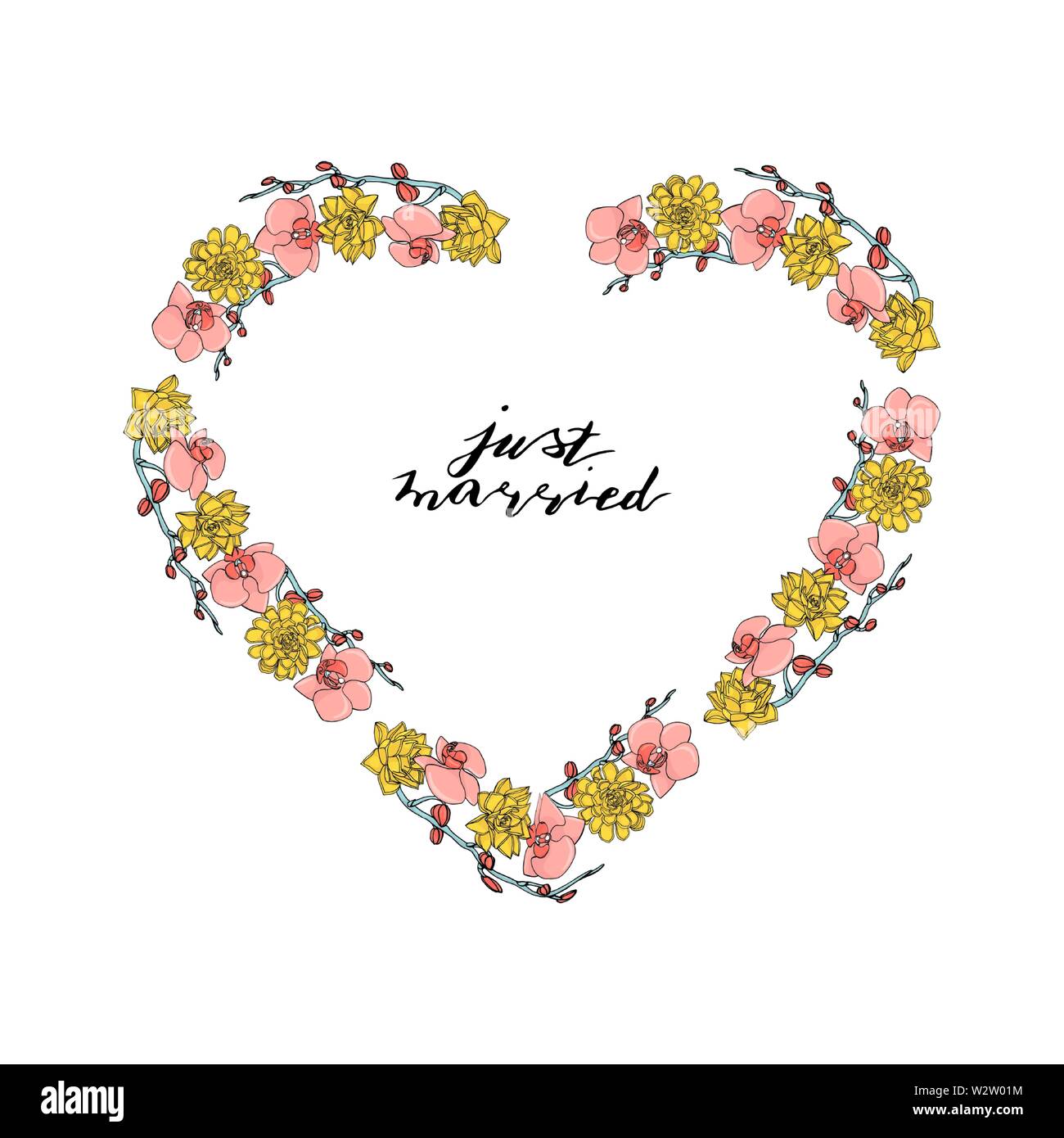 Hand doodle Style herzförmige Kranz gezeichnet mit benutzerdefinierten hand Schriftzug Just Married.. Floral Design Element. auf weißem Hintergrund. Lieferbar vecto Stock Vektor
