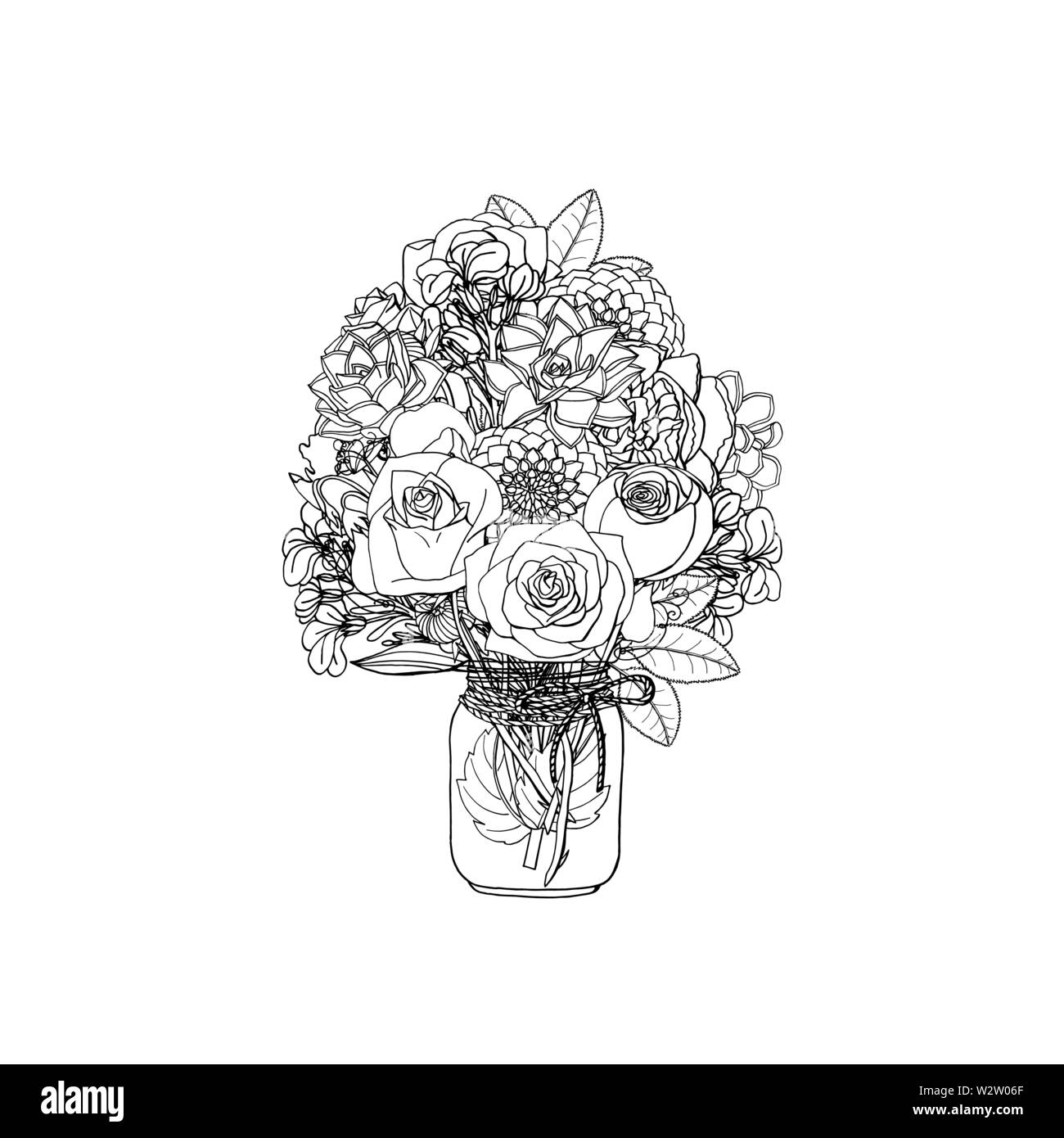 Hand gezeichnet Doodle style Bouquets verschiedener Blumen: saftige, Pfingstrose, Rose, Dahlie, Lager Blume, Sweet pea. auf weißem Hintergrund. Vektor Stock Vektor