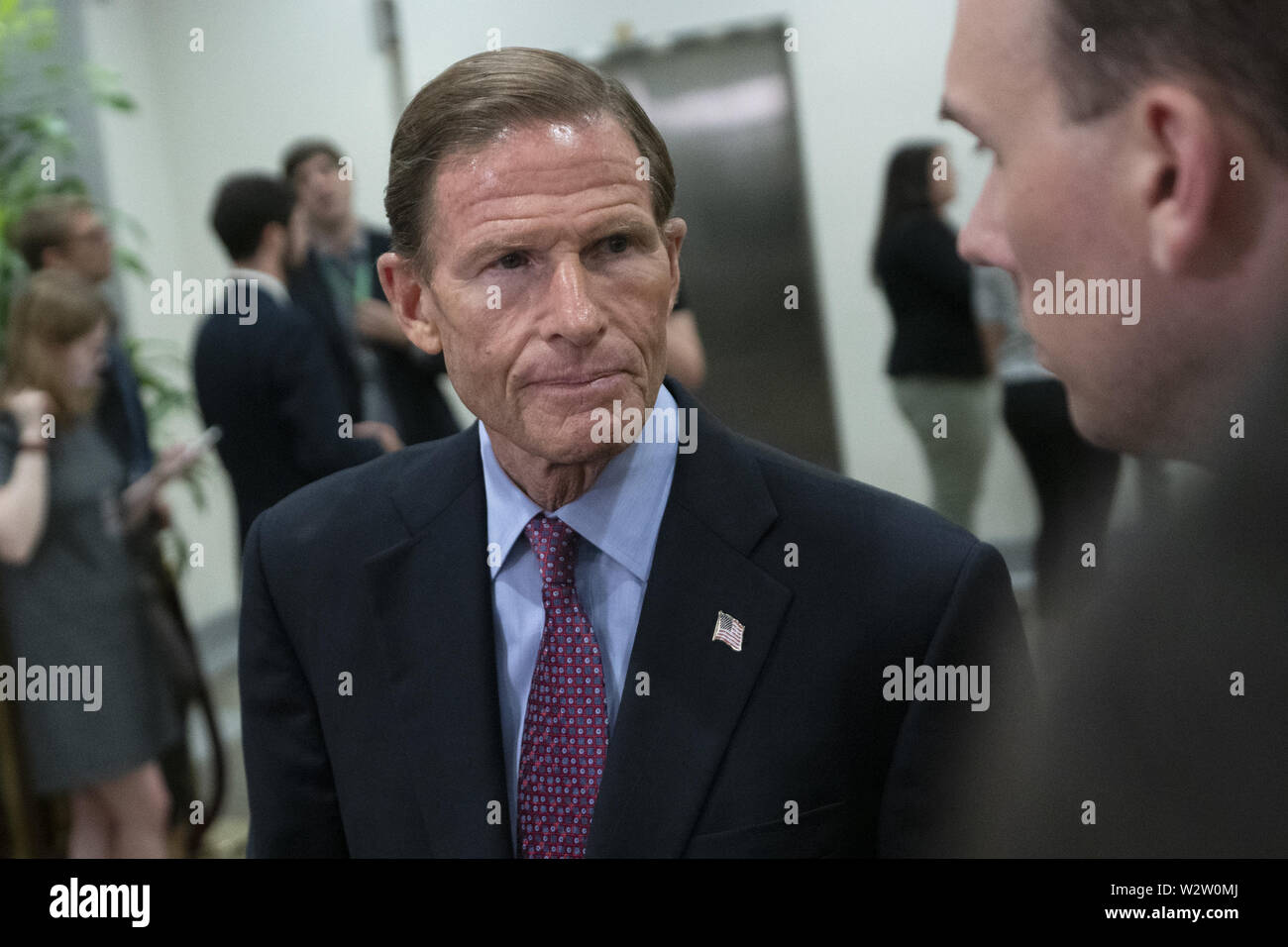 Washington, District of Columbia, USA. 10. Juli 2019. United States Senator Richard Blumenthal (Demokrat von Connecticut) kommt zu einer geschlossenen Tür Briefing auf amerikanischen Wahl Sicherheit auf dem Capitol Hill in Washington, DC, USA am 10. Juli 2019. Credit: Stefani Reynolds/CNP/ZUMA Draht/Alamy leben Nachrichten Stockfoto