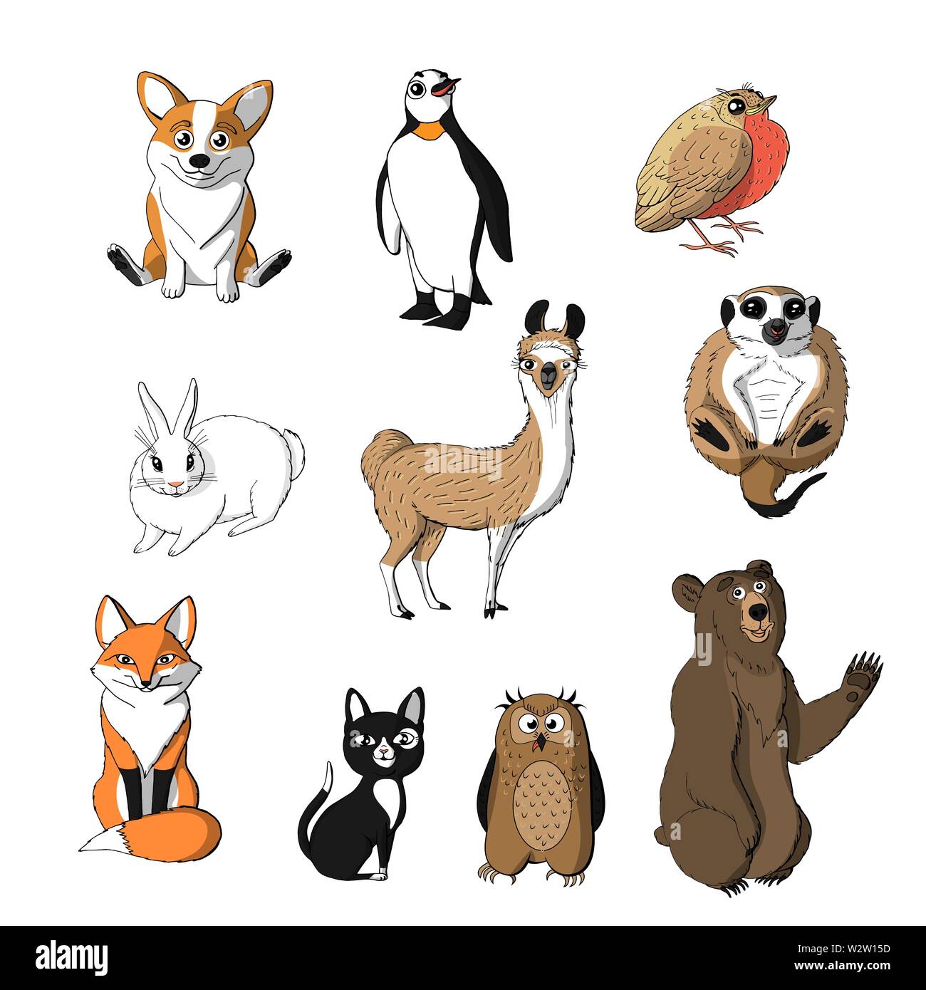 Satz von niedlichen Tiere auf weißem Hintergrund. Red Fox, Owl, Kaninchen, Erdmännchen, Katze, corgi, Vogel, Pinguin und Tragen. Vektor illustration Stock Vektor
