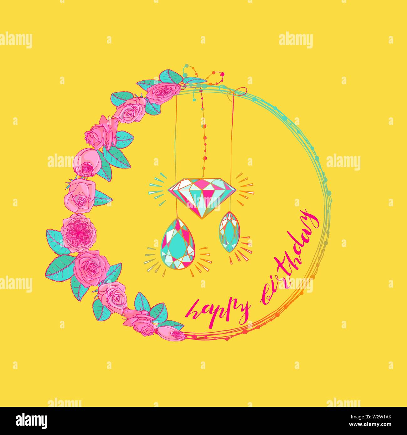 Hand gezeichnet Doodle style asymmetrischer Kranz. vintage Floral Design Element. auf gelbem Hintergrund isoliert. Vektor Illustration. Stock Vektor