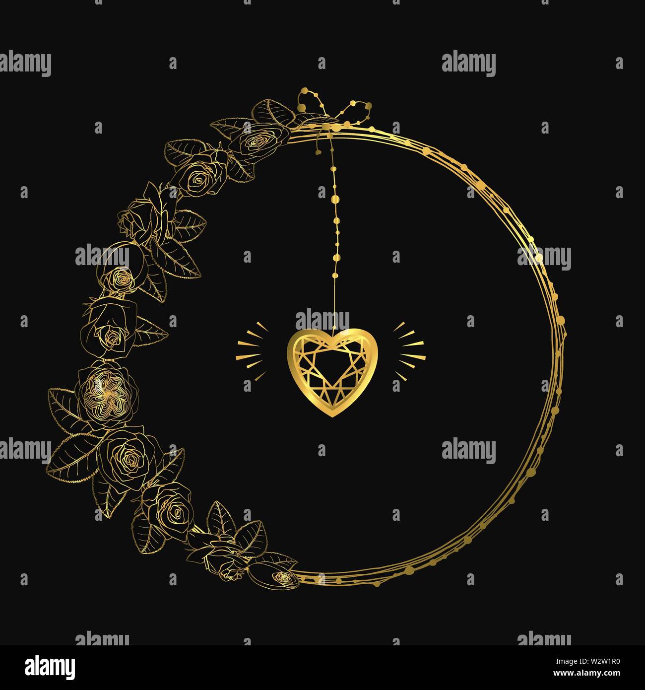 Hand doodle Style golden asymmetrischer Kranz gezeichnet. vintage Floral Design Element. Auf schwarzem Hintergrund isoliert. Vektor Illustration. Stock Vektor